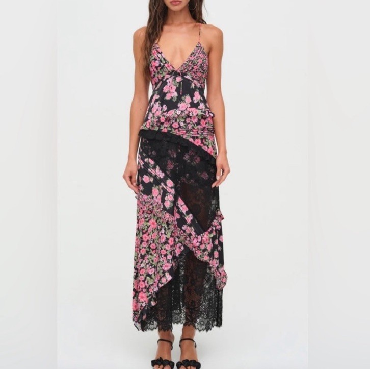 For Love & Lemons Black Pink Rosalyn Floral Layered Maxi Dress Size Small