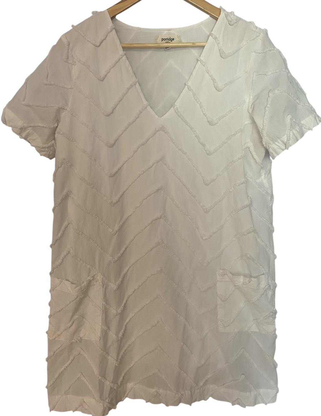 Porridge Dress Medium White Textured Short Sleeve Pockets 100% Cotton Lined Chic