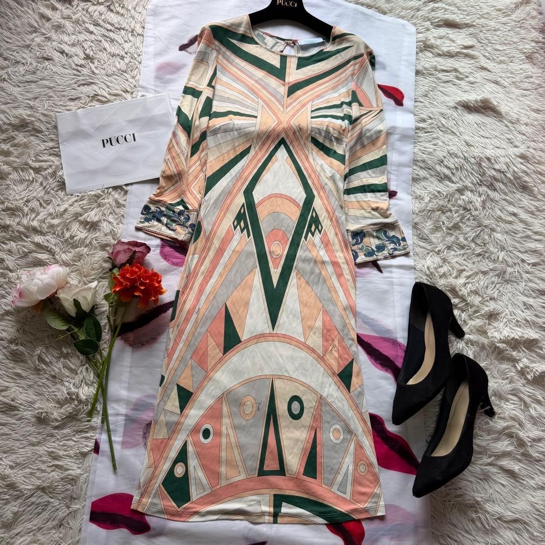 Emilio Pucci Print Dress Long Sleeve Midi Dress Women’s Size IT42 Beige Green