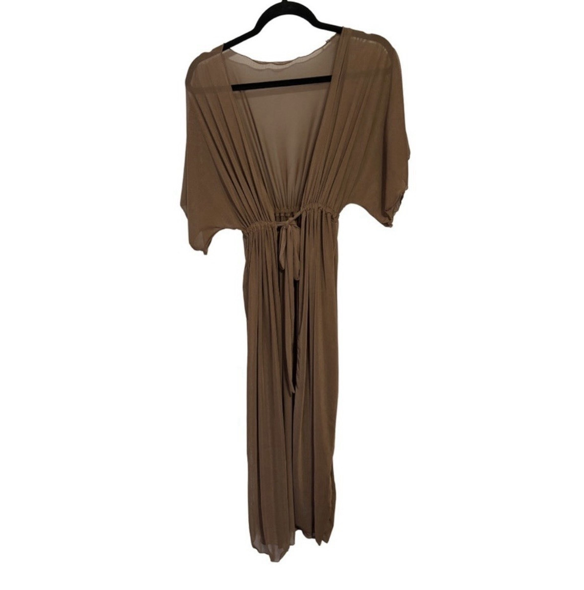 Brown Kaftan Maxi Duster V-Neck Batwing Short Sleeve Tie Waist One Size