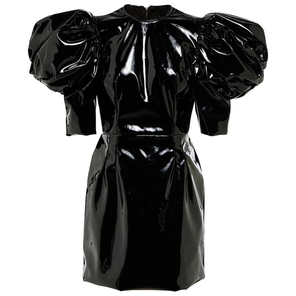 Fashion Puff Sleeve Pencil Dress Women Crew Neck Shiny PVC Evening Mini Dress