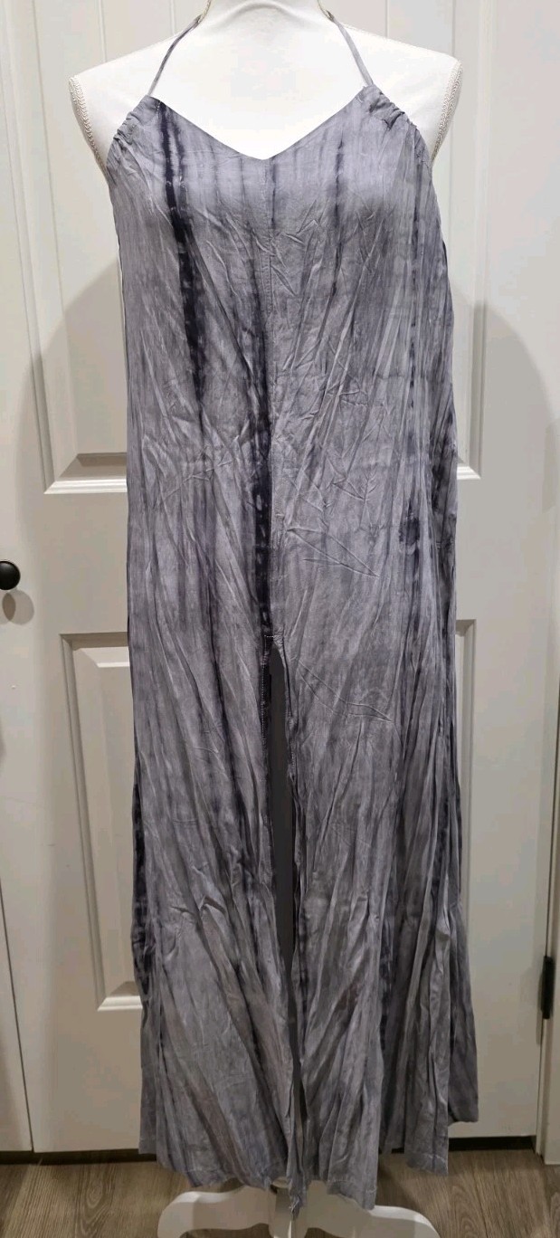 POL Tie Dye Halter Maxi Dress Gray Boho Flowy Slit Keyhole Back Size S NWOT