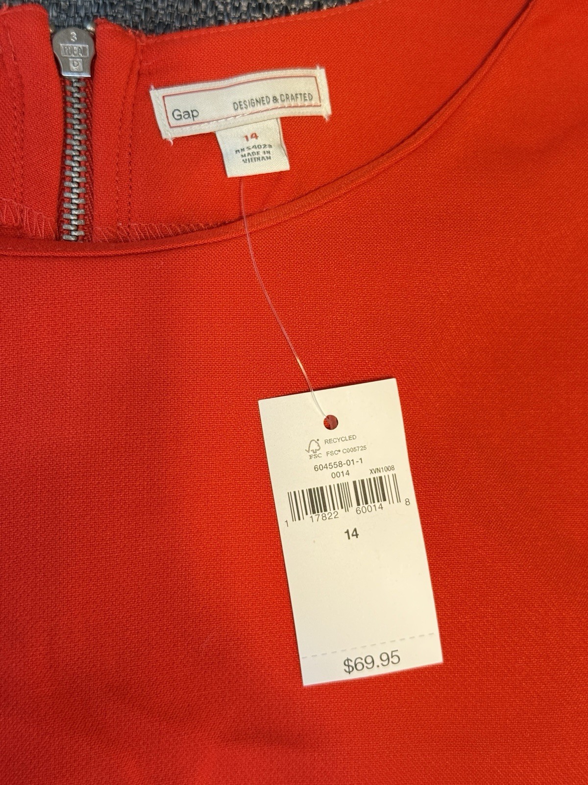 Gap Red Solid Shift Dress Round Neck 3/4 Sleeve Knee Zip Regular Size 14