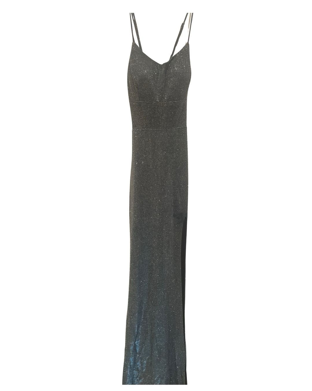 Teeze Me Juniors 1 Black Glitter V-Neck Strappy Long Gown Lace-Up Back Zip