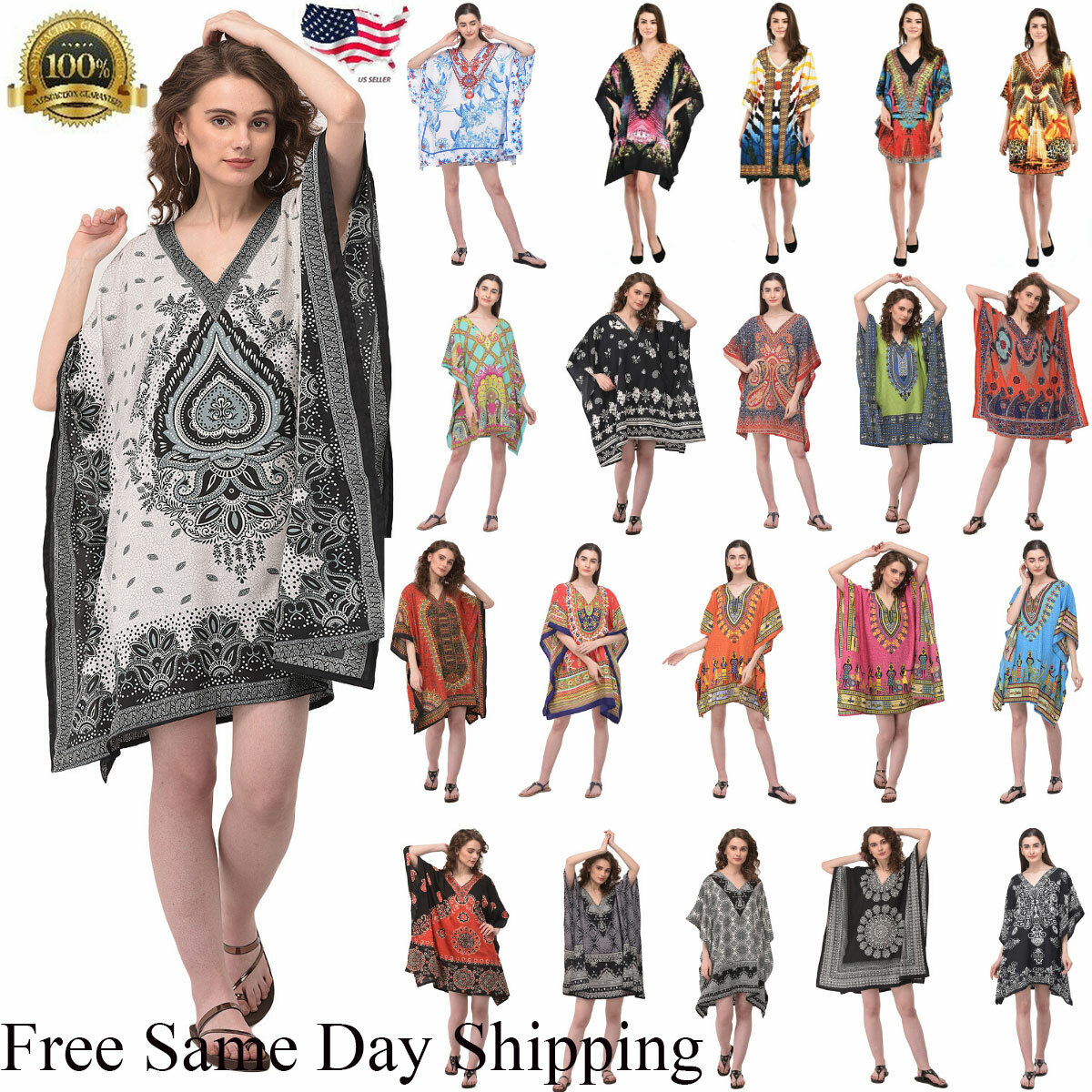 Women Hippy Boho Kaftan Tunic Dress Dashiki Caftan PlusSize Baggy Top Mini Dress