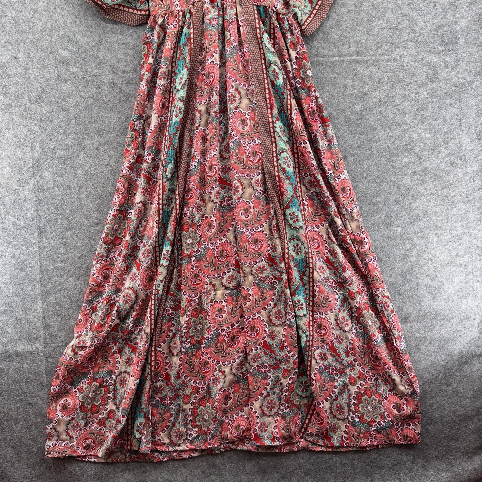 boemo Paisley Boho Maxi Dress Size M Red Pink Blue Kimono Sleeve V Neck Kaftan