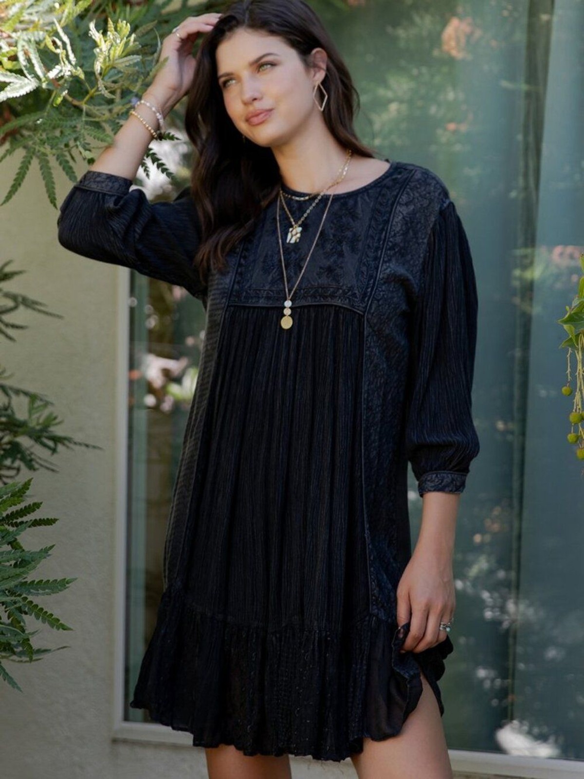 Boho Embroidered Ruffle Hem Babydoll Dress