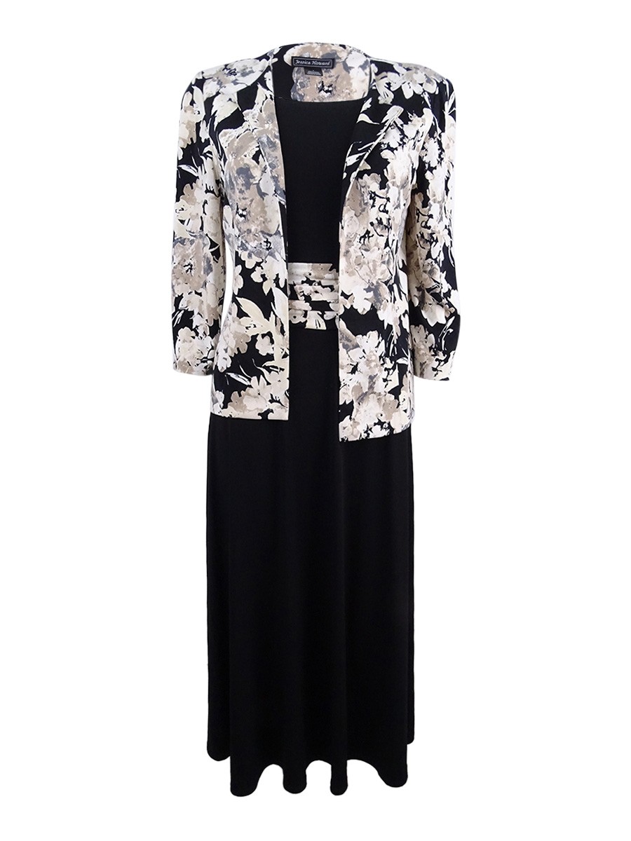 Jessica Howard Women’s Petite Floral-Print Dress and Jacket (4P, Black/Ivory)