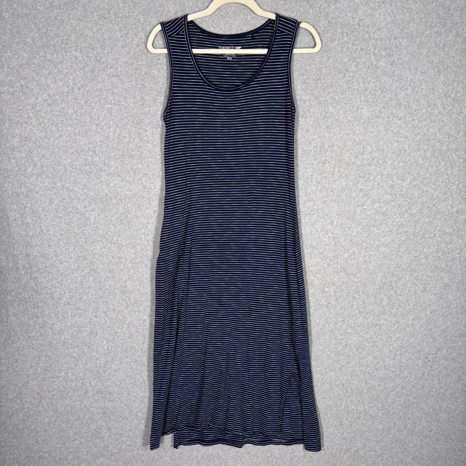 Toad&Co Tank Midi Dress Small Navy White Striped Tencel Organic Cotton Pockets