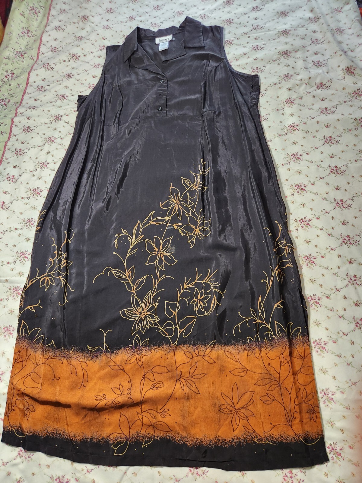 Studio 1 Maxi Sheath Dress Sz 22W Black Sleevless Copper/Gold Floral Design Hem
