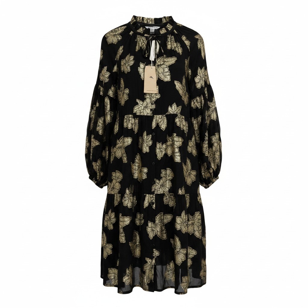 Tommy Bahama Shimmering Shores Dress Women M Black Gold Floral Metallic Tiered