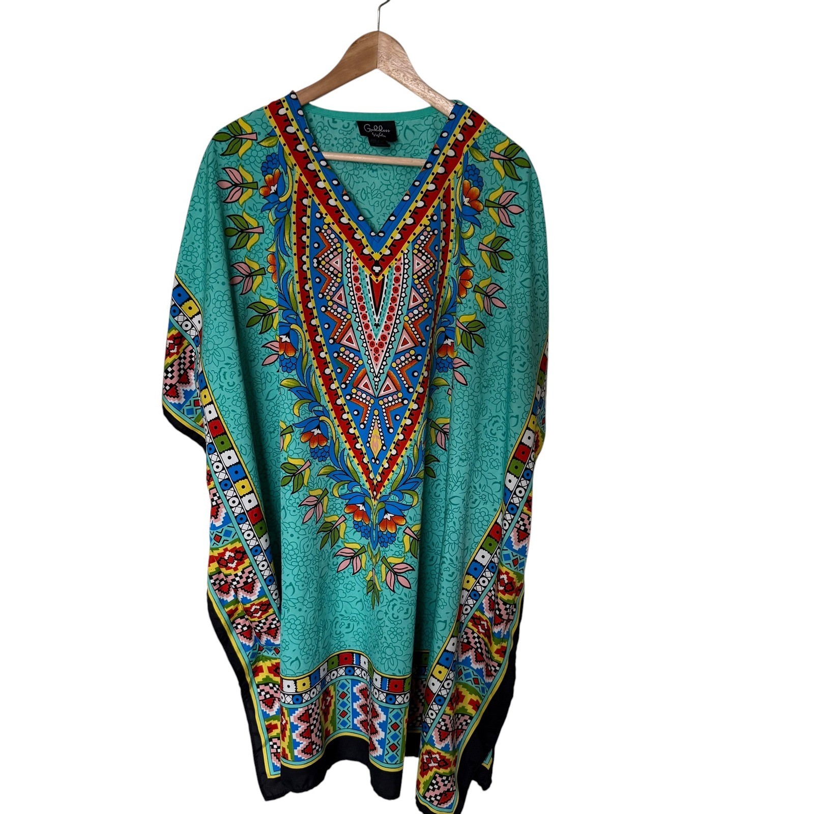 Goddess by Winlar Kaftan Womens OSFM Turquoise Dashiki Print Exc. Boho Dress