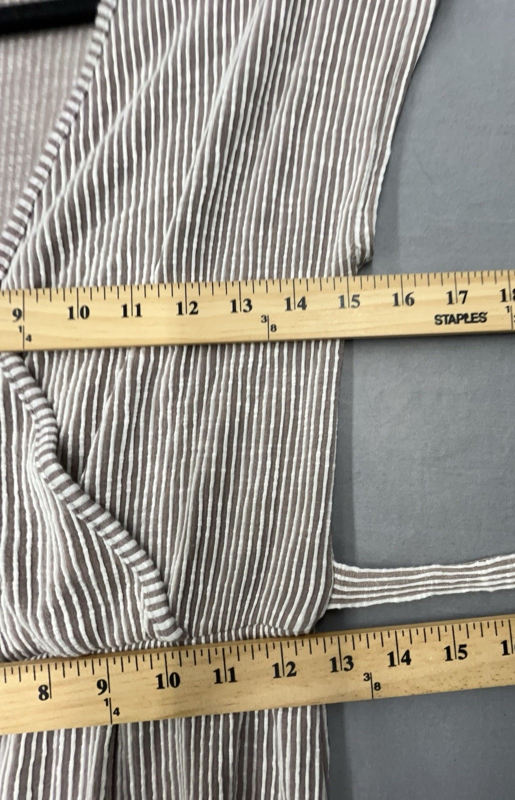 Faux Wrap Dress M Brown White Stripe Ribbed Ruffle Stretch Coastal Cottage Boho