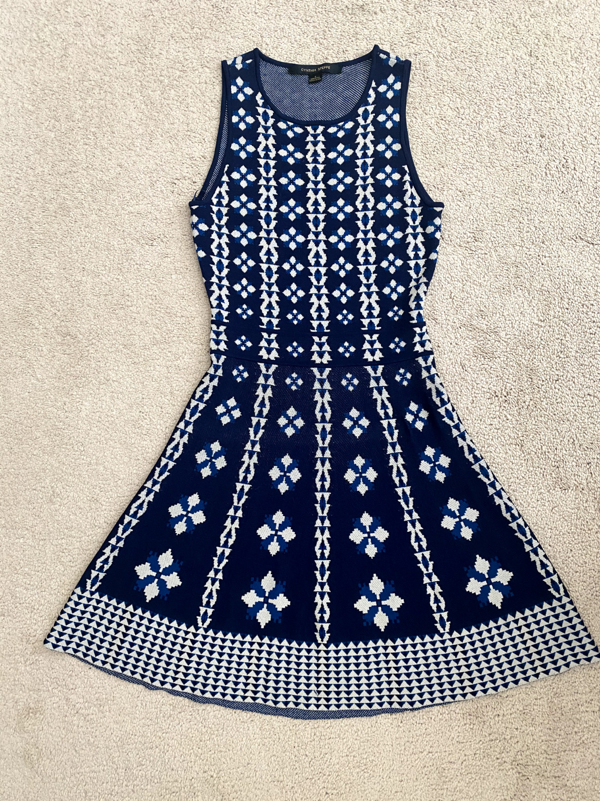 Cynthia Steffe patterned blue and tan A-line dress size small