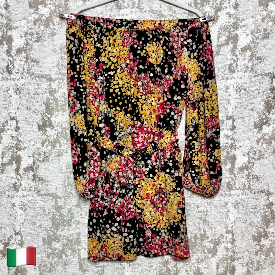 Missoni Vintage 100% Silk Off the Shoulder Belted Mini Dress in Abstract Dots