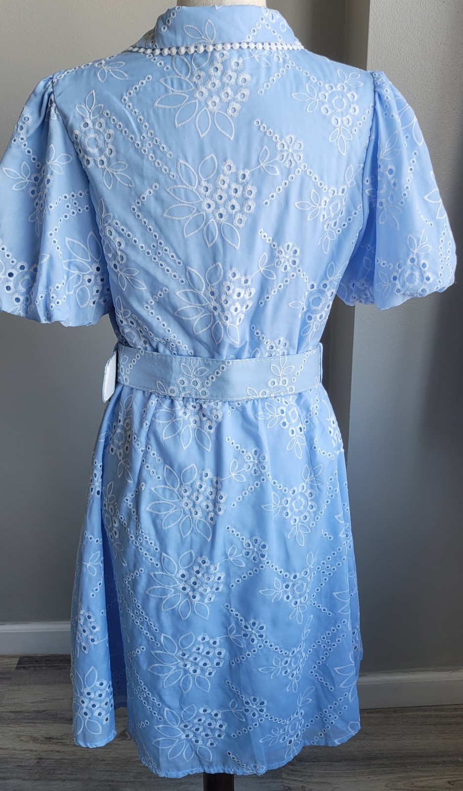Baby Blue Eyelet Embroidered Dress Puff Sleeve Button Front Belt Cottagecore