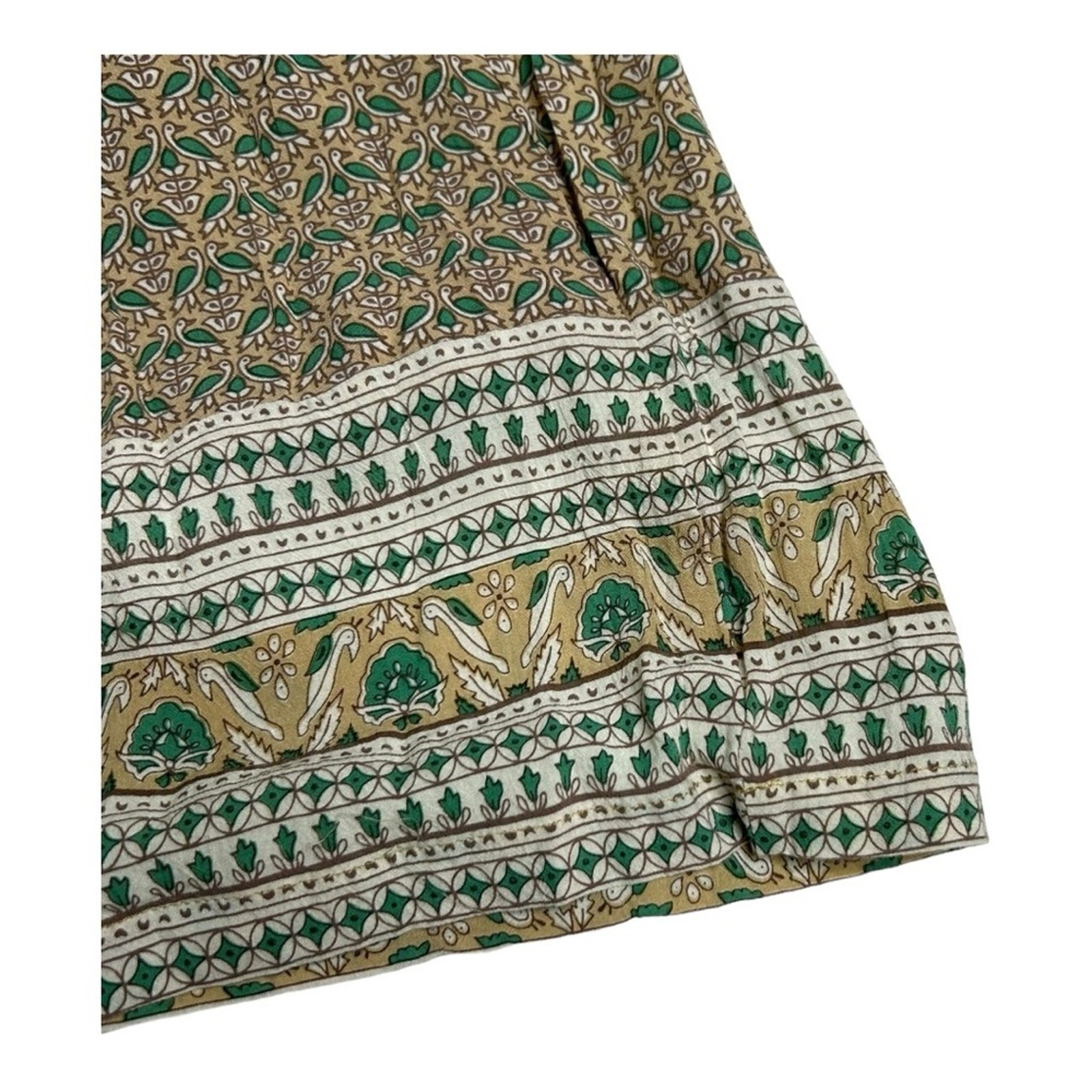Faithfull The Brand Tunic Dress Bird Print Boho Green Tan XS
