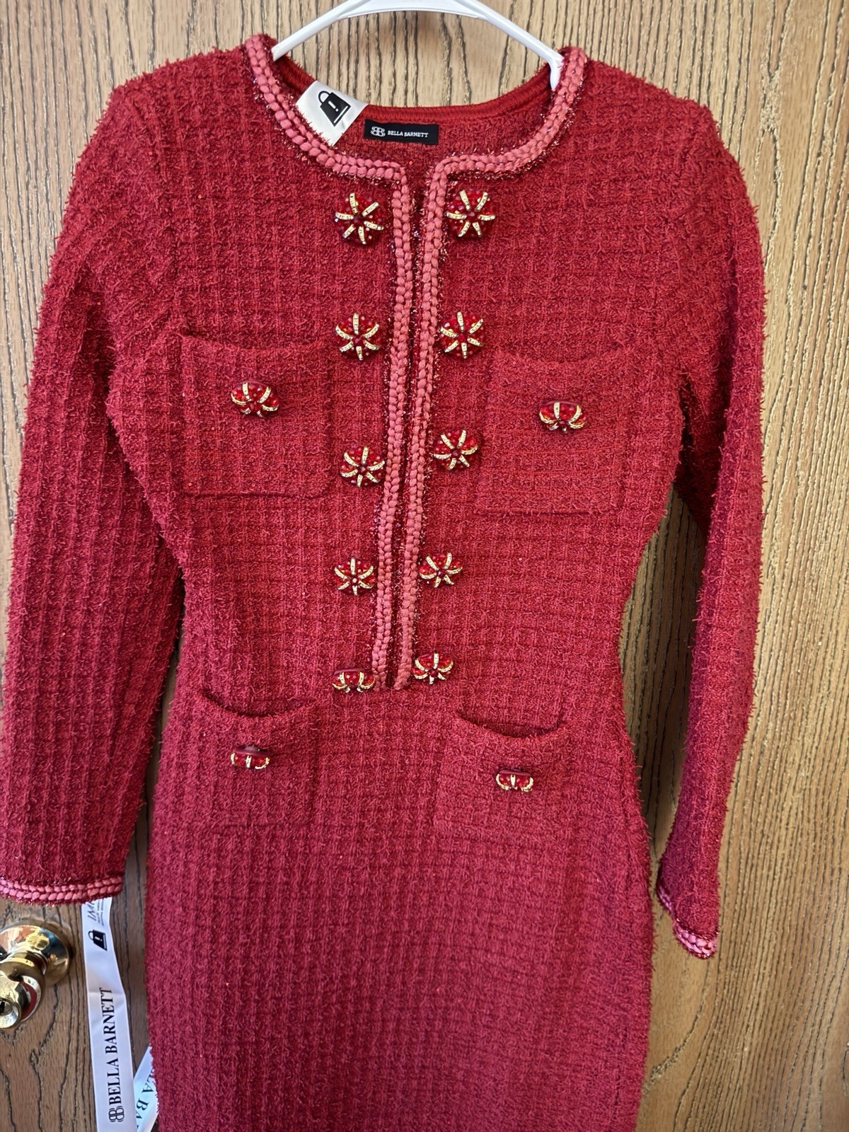 Bella Barnett Red Tweed Beaded Button Long Sleeve Midi Sheath Dress Size L