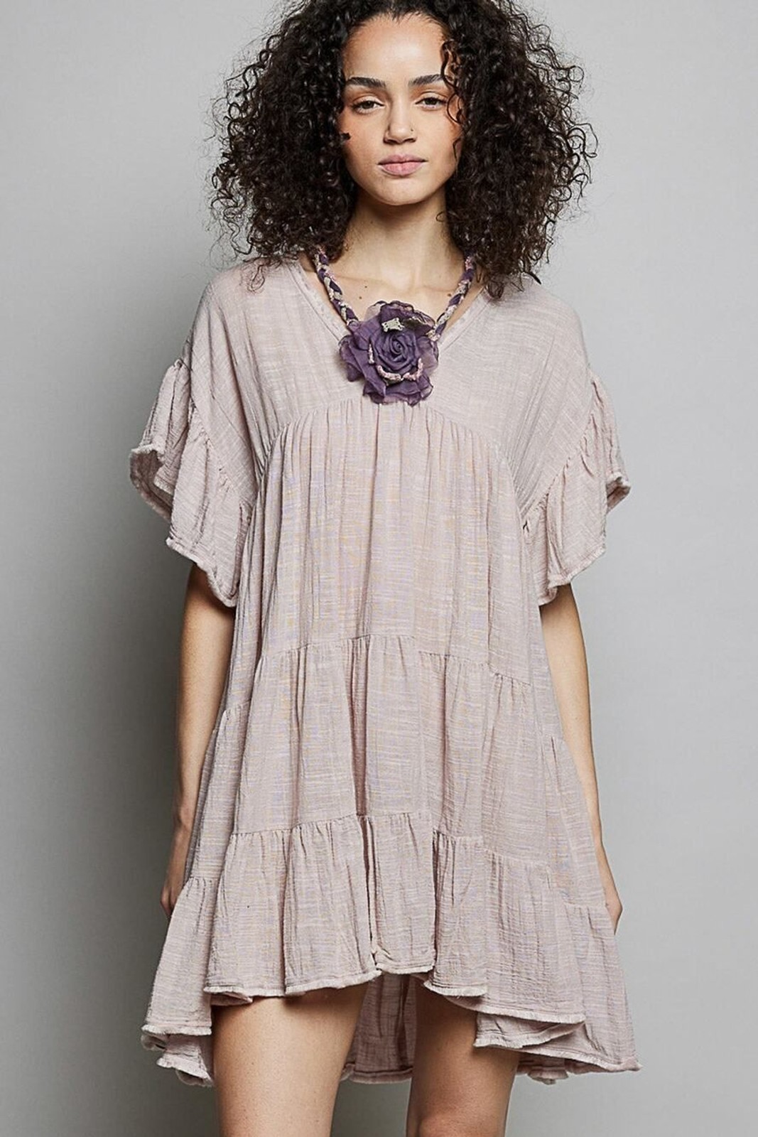 POL Boho Tiered Gauze Cotton Ruffle Flutter Sleeve Mini Dress
