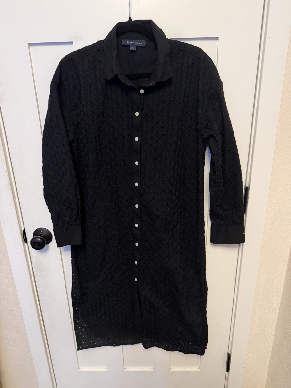 Tommy Hilfiger Light Weight Casual Long Sleeve Dress Collared Black Eyelet Small