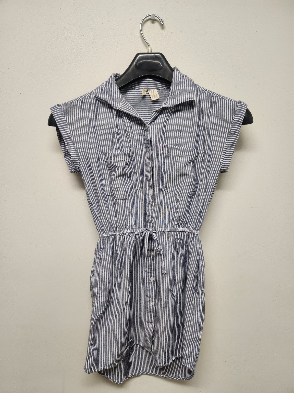 Striped Cotton Blend Dress XS Button Front Drawstring Waist Turn Cuff Sleeve