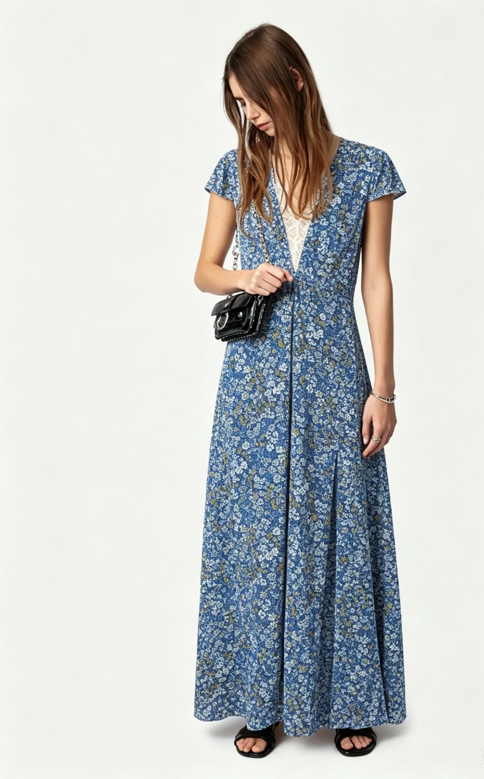 Women Zadig&Voltaire Sweet V-Neck Lace Floral Bohemia Beach Long Dress XS-L