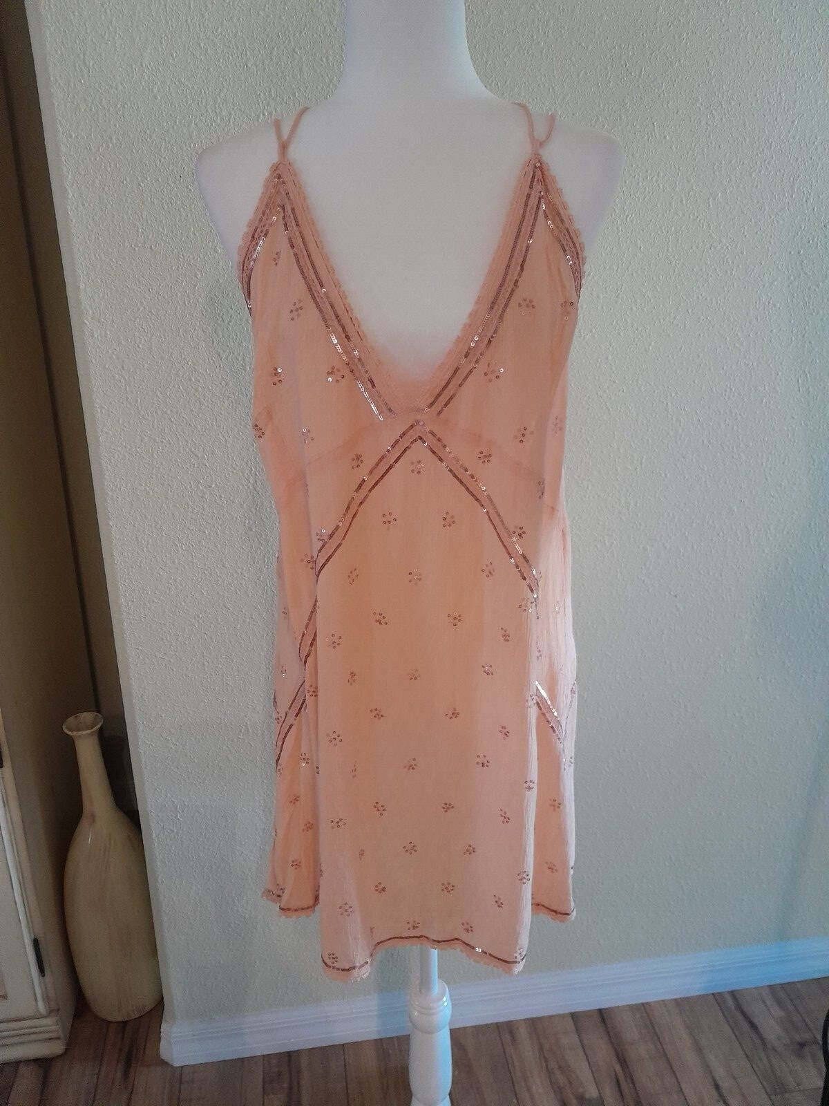 Free People Womens Chloe Embellished Mini Dress Light Coral L NWT $98