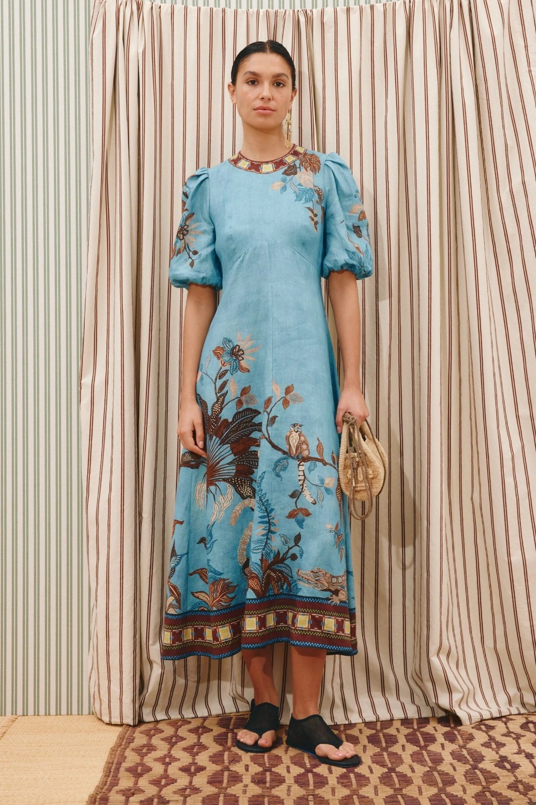 ALEMAIS Georgie Midi Dress Linen vintage flower printed blue women beauty new