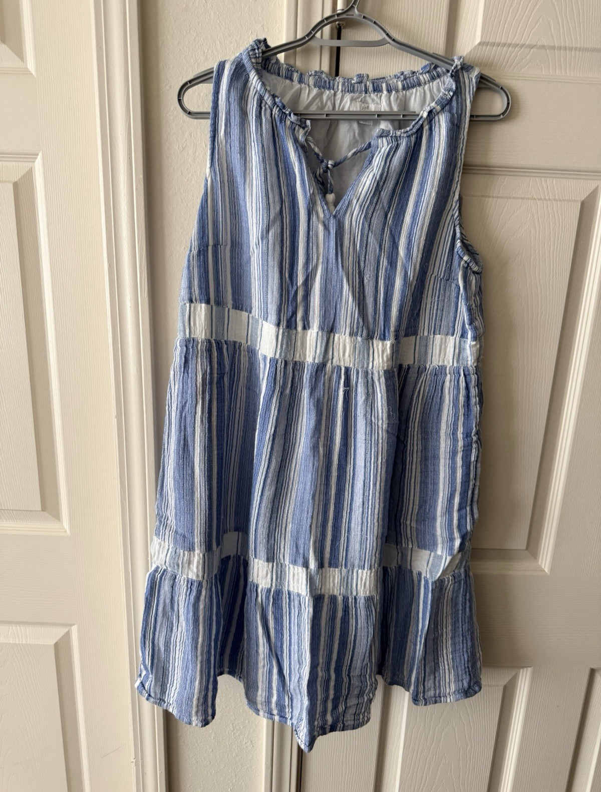 J. Jill Blue/White Striped Sleeveless V-Neck Smocked Tassel Dress Size S