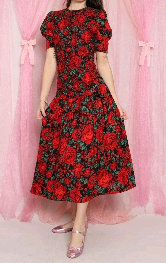 Act 1 New York Drop Waist Floral Dress Midi Black Red Green Bow Smocked See XS S