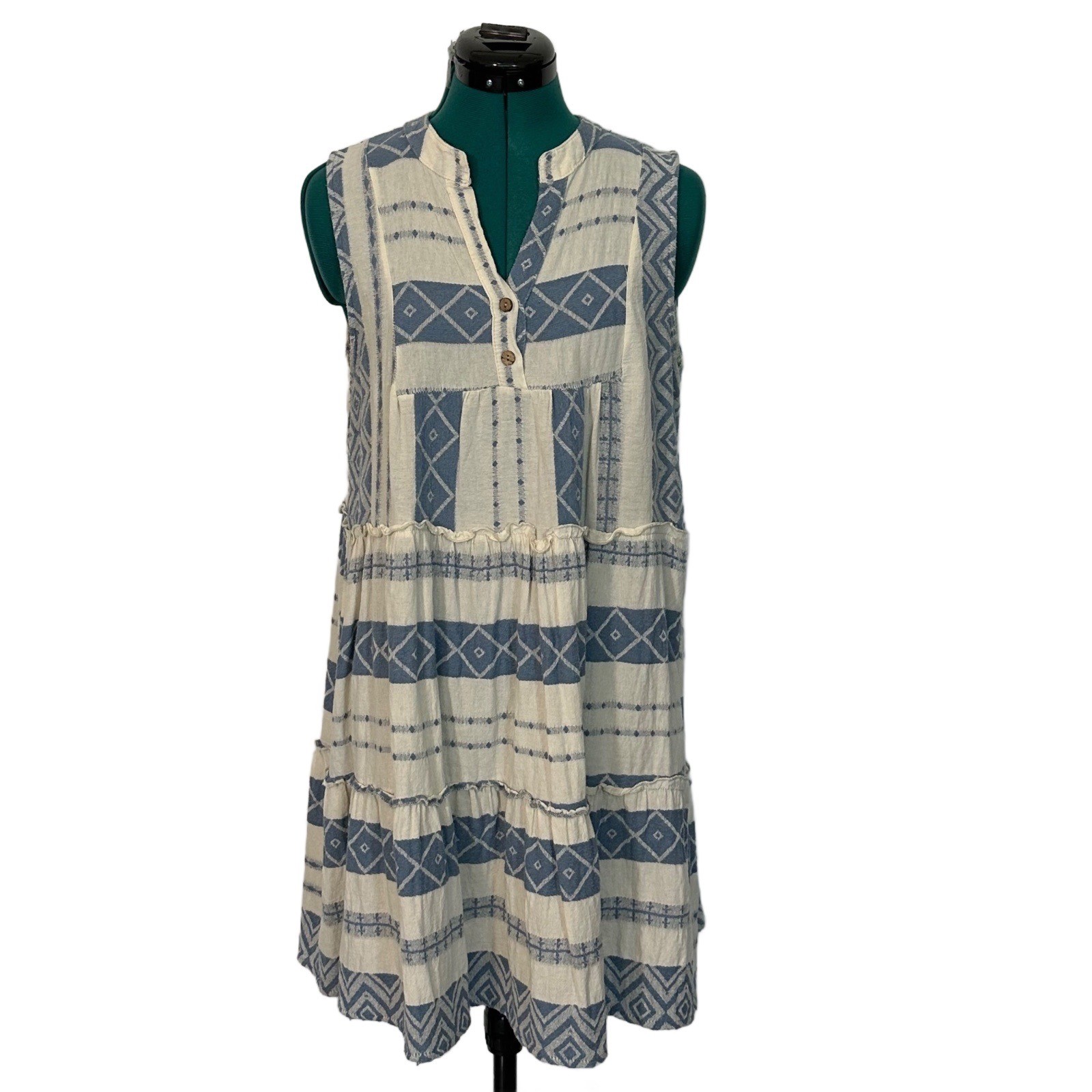 CIVICO 51 Tiered Mini Dress Geometric Tribal Print L Blue White Boho Made Italy
