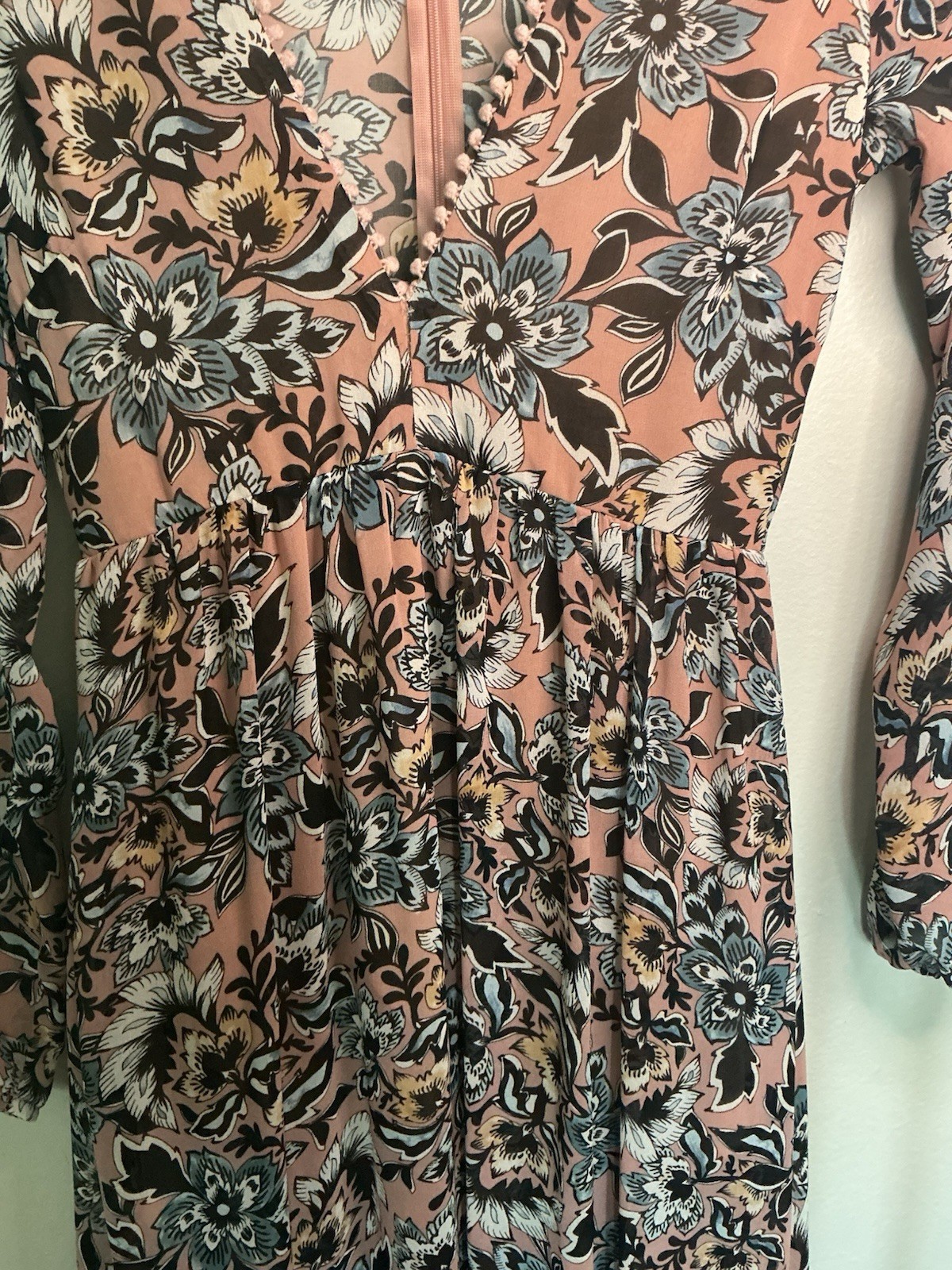For Love & Lemons Dusty Pink Floral V-Neck Maxi Dress Long Sleeve Lined Zip S