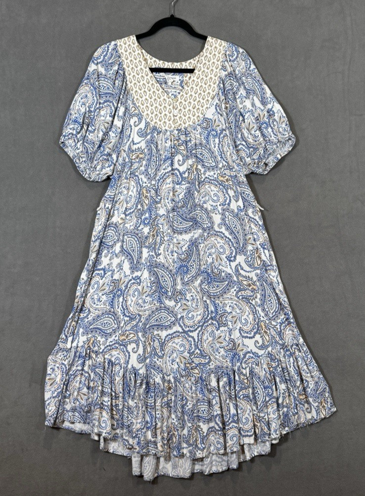 Lucky Brand Maxi Dress Sz M Blue Paisley Ruffle Puff Sleeve Prairie Cottagecore