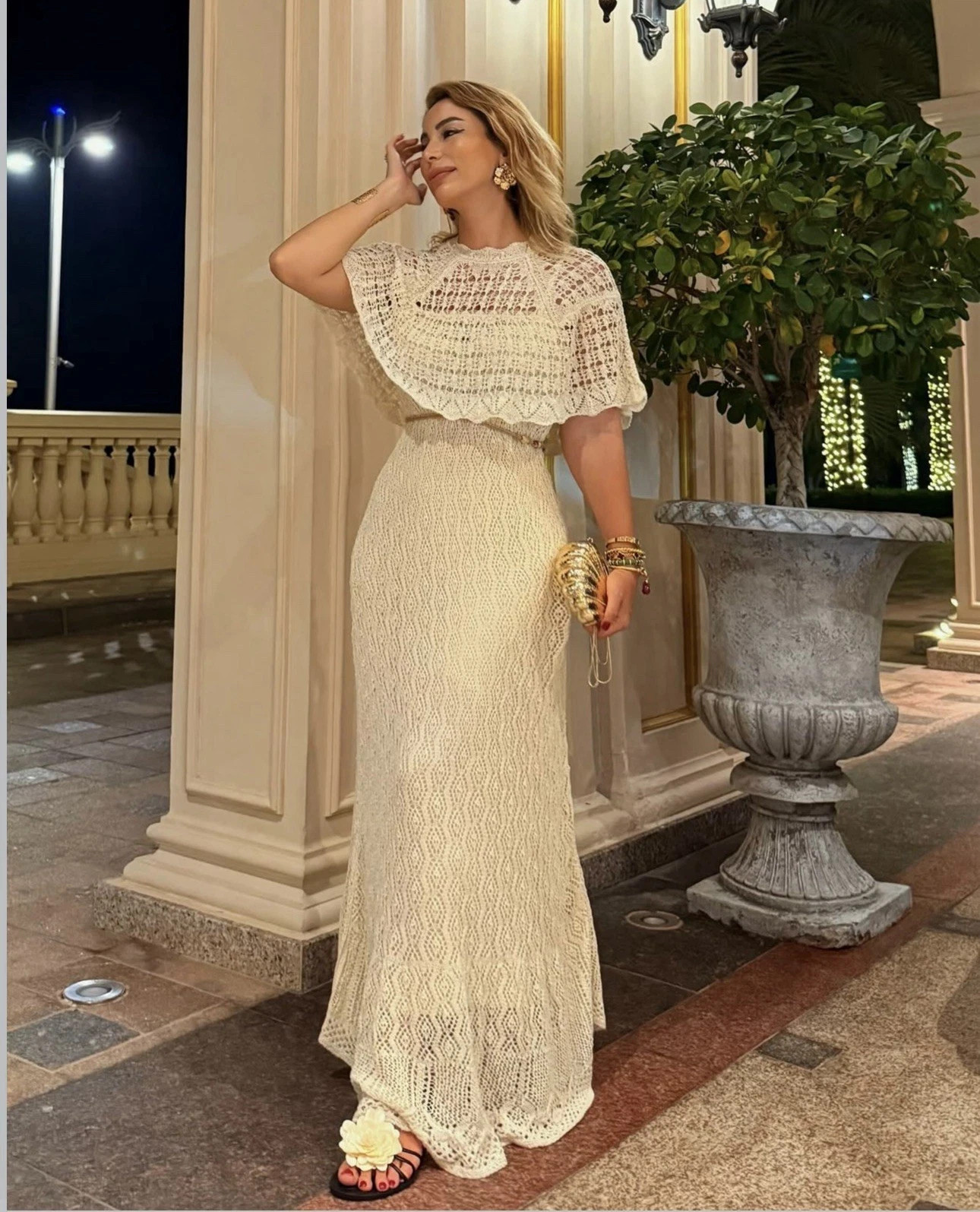 ZARA NEW WOMAN SS25 POINTELLE KNIT LONG DRESS ECRU 6236/712_S,M,L