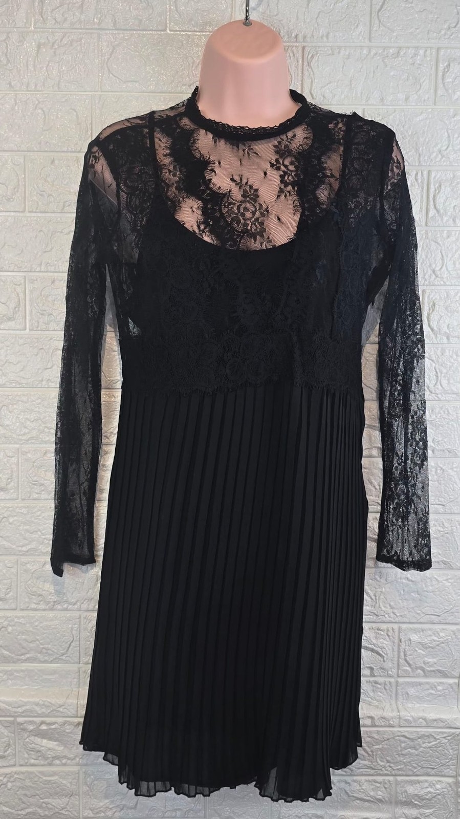 Zara Black Lace Pleated Mini Dress Sheer Long Sleeve Gothic Party Evening Size M