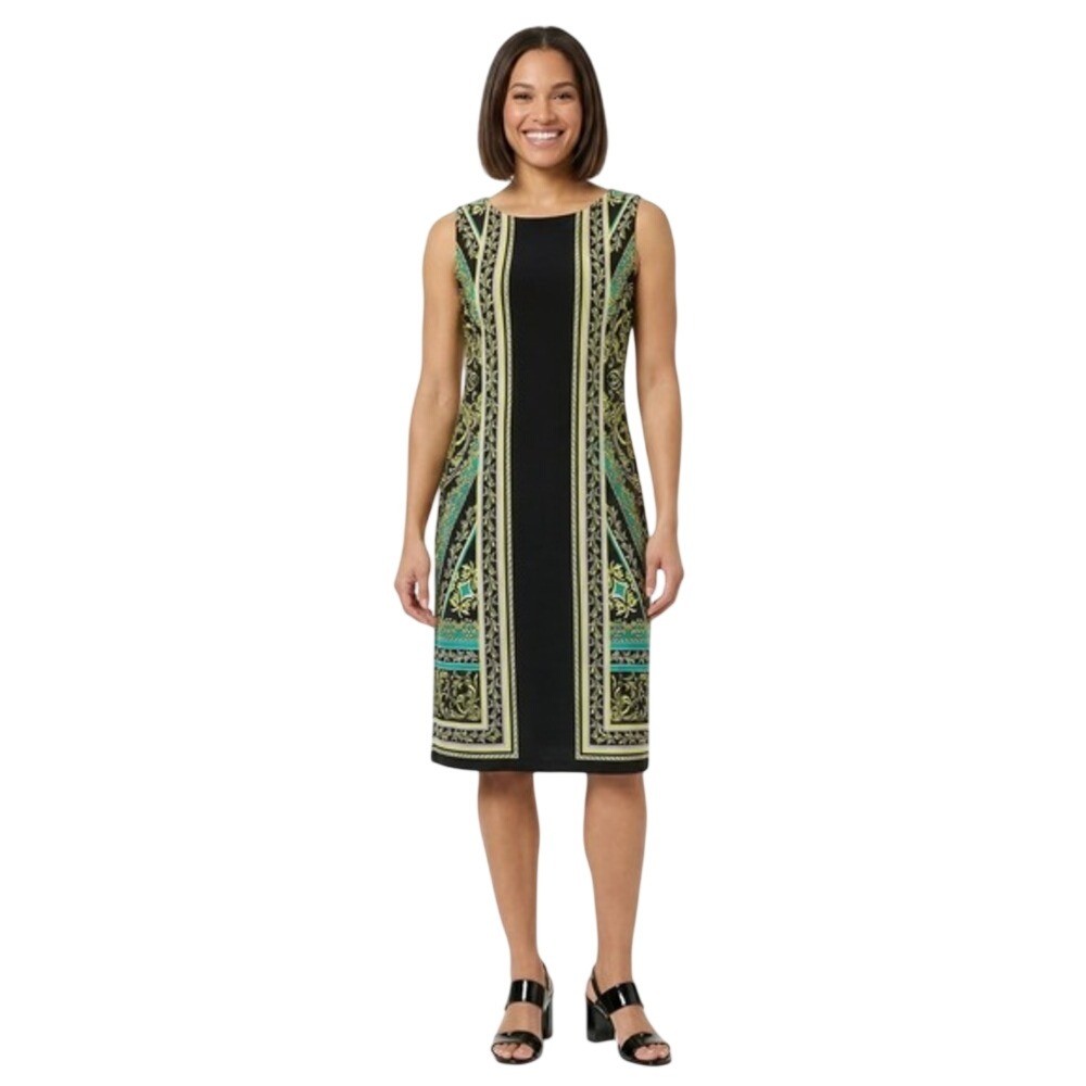 Alfani Womens Green Black Geometric Scroll Print Sleeveless Sheath Dress Size M