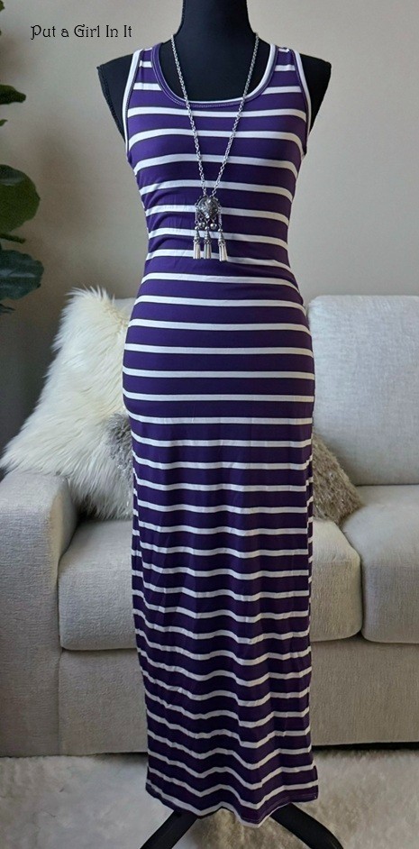 USA New Womens PURPLE WHITE STRIPED BOHO MAXI RACERBACK TANK DRESS S M L XL SLIT