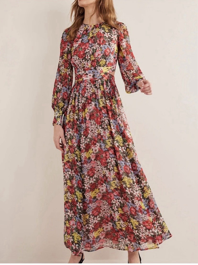 Boden Multicolor Floral Pleated Maxi Dress Long Sleeve Round Neck Zip US 8R