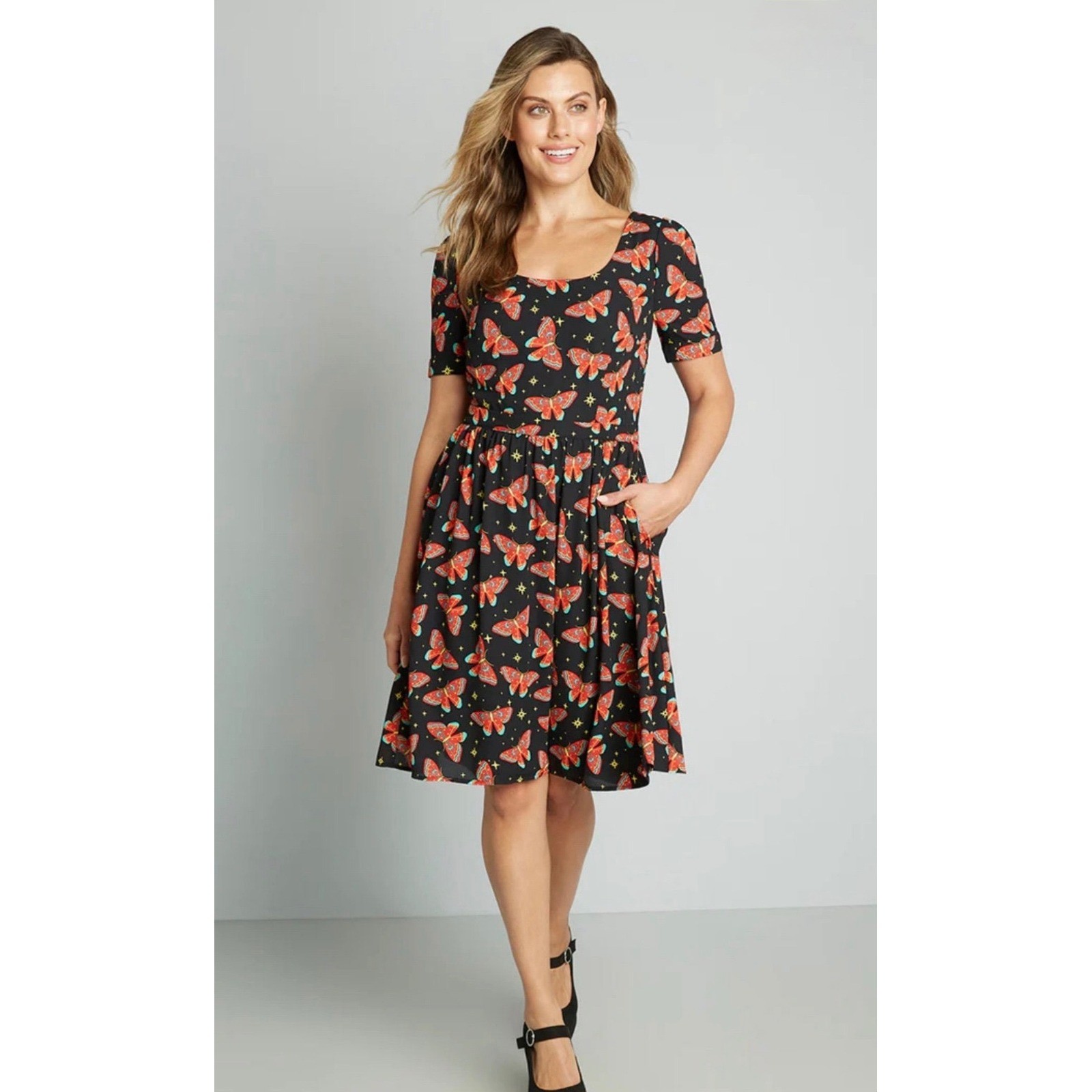 ModCloth Black Moth Butterfly Print Fit Flare Dress Short Sleeve Pockets Medium