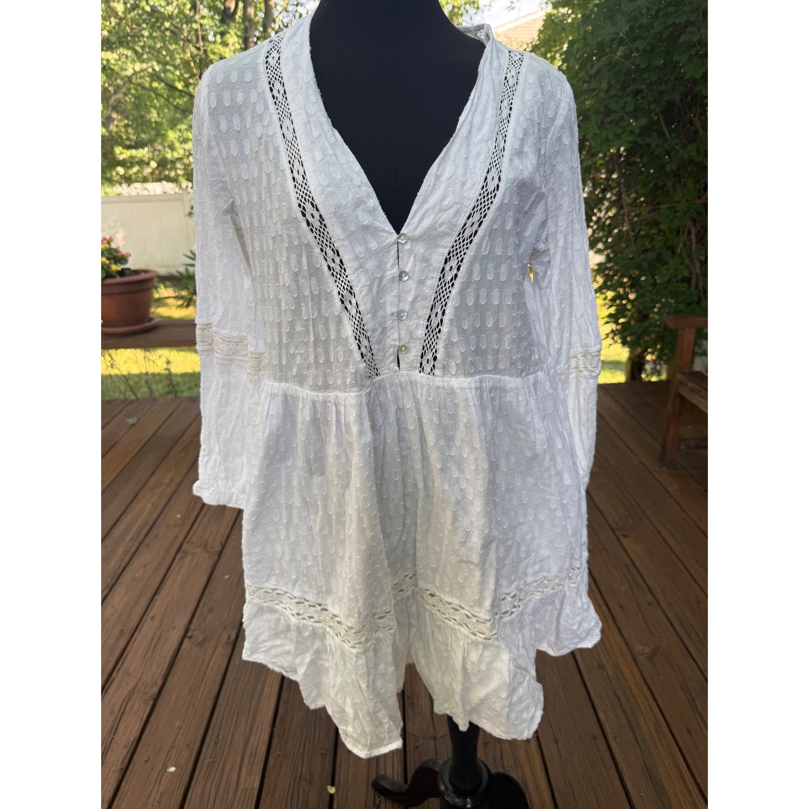 Zara White Swiss Dot Lace Trim Boho Dress Long Sleeve V-Neck Large 7521/025