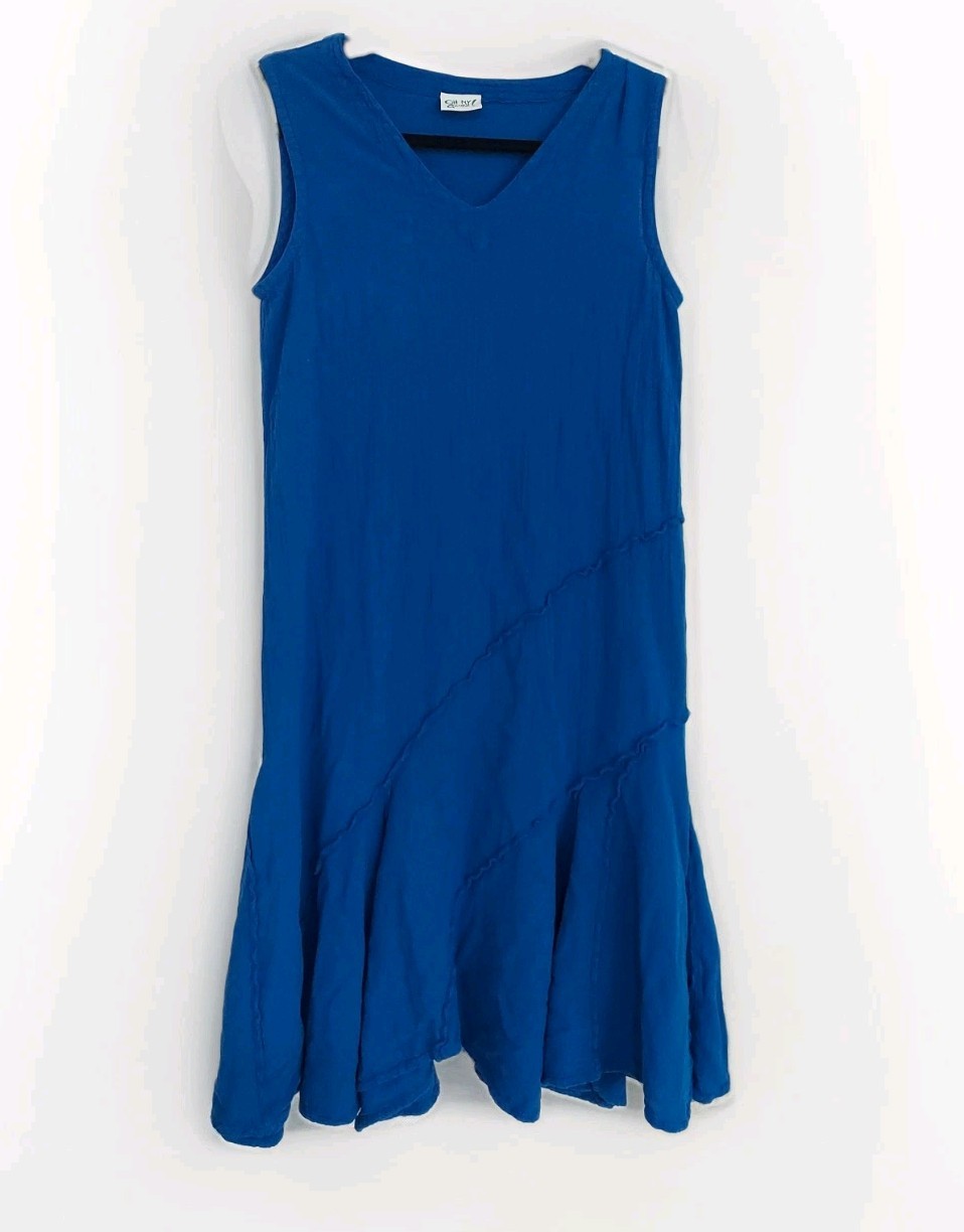 OMG Oh My Gauze! Blue Sleeveless Dress S/M V-Neck Flowy Midi Gauze Artsy Boho