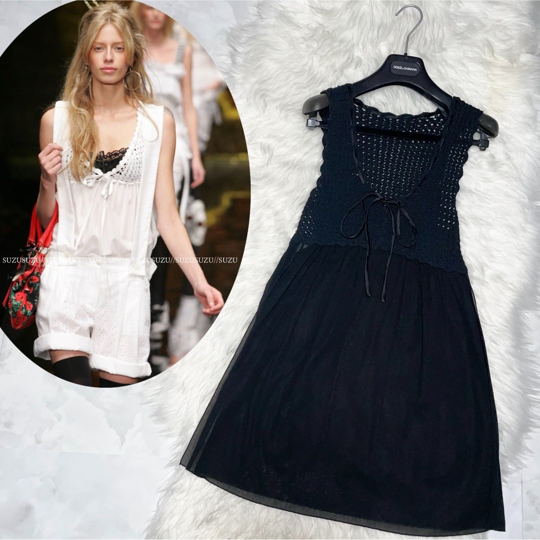 Authentic Dolce & Gabbana Ribbon Cloche Lace See-through Tunic Mini Dress 40 JPN