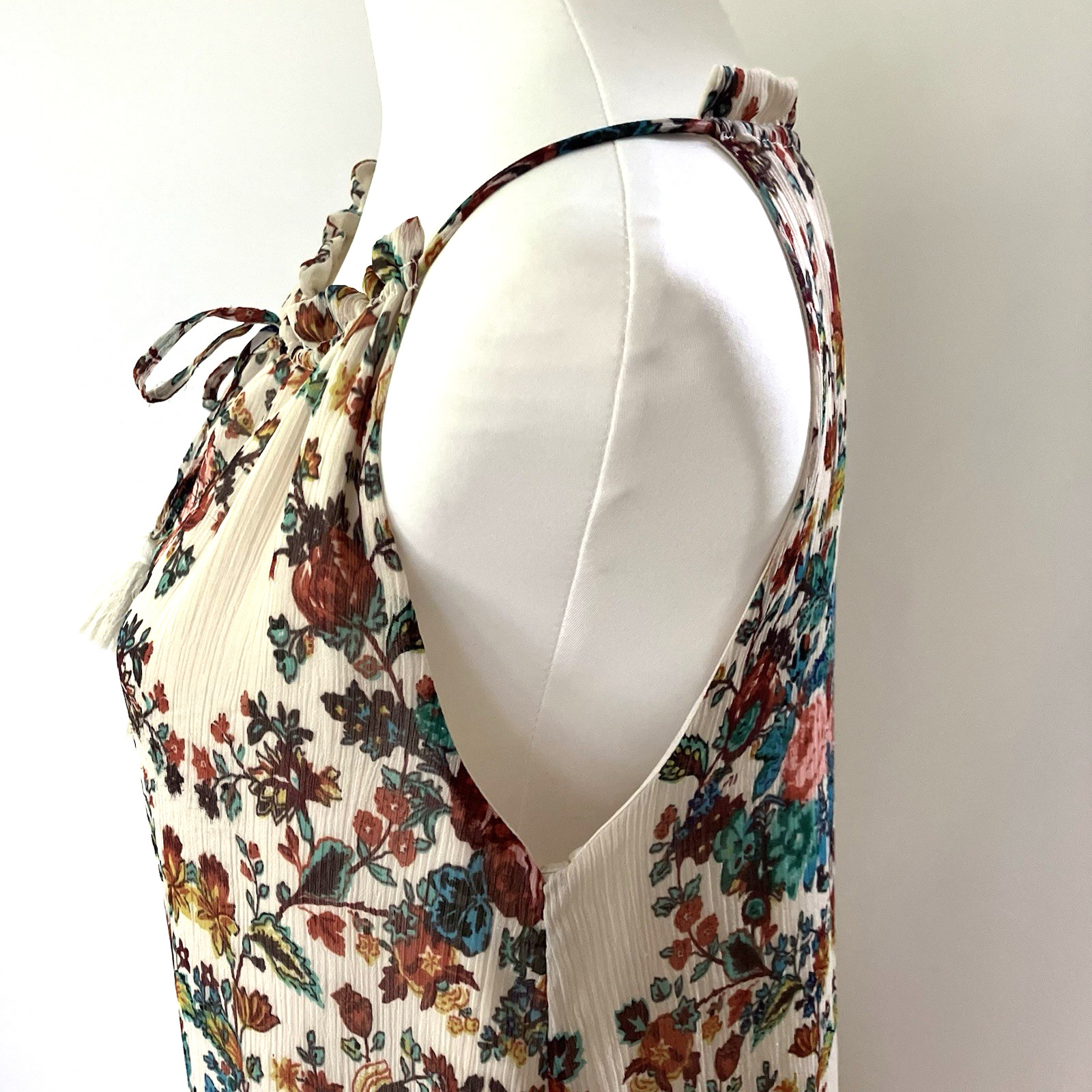 Lucky Brand Sleeveless A-Line Chiffon Dress Size S Floral & Tassel Tie Detailing