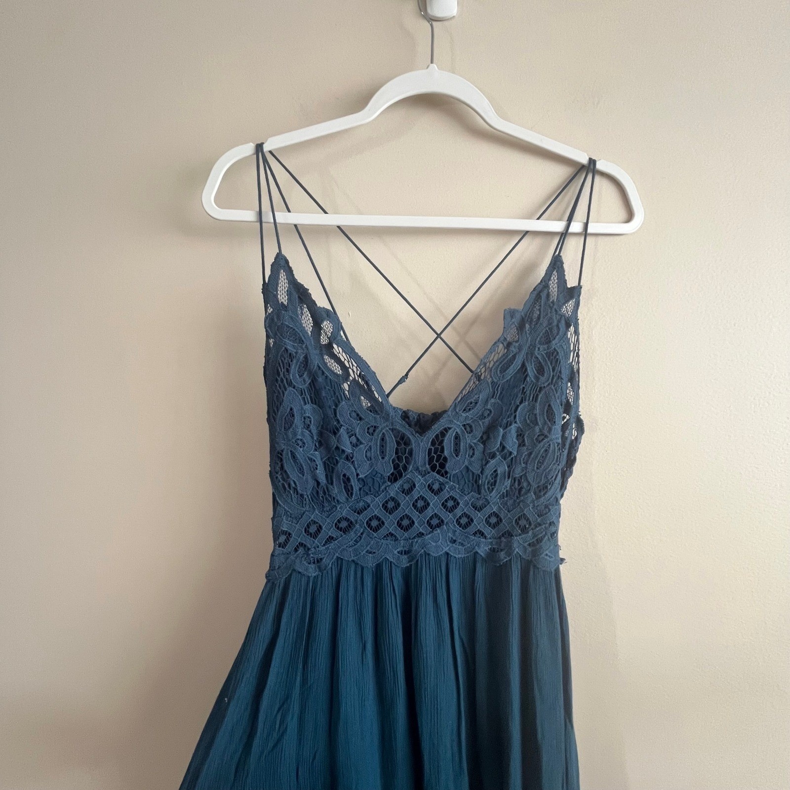 Free People Adella Maxi Slip Dress Size M Slate Blue Fairycore Crochet Lace