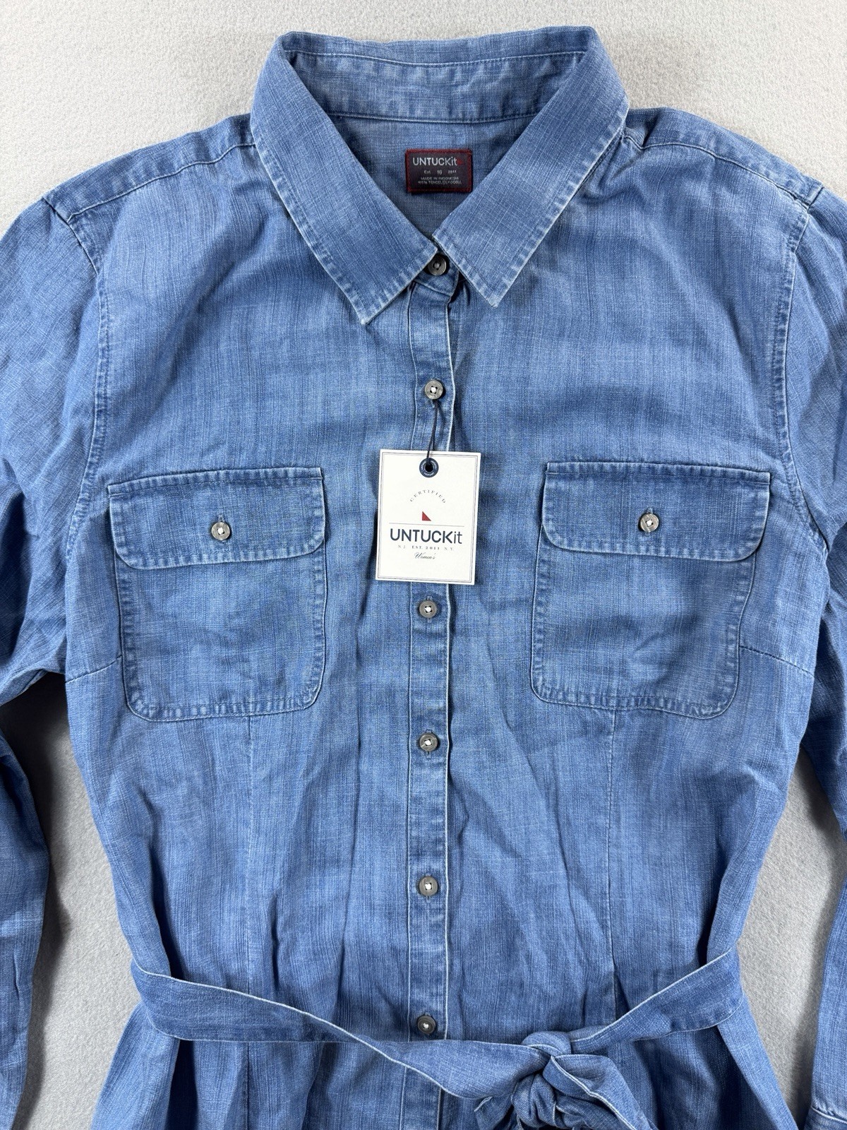 UNTUCKit ZARA Dress Womens 16 Chambray Belted Button Down Long Sleeve Fall Boho