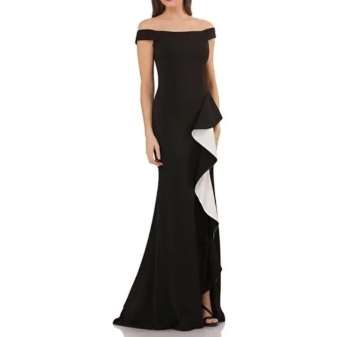 Carmen Marc Valvo Infusion Maxi Ruffle Dress 14 Black White Colorblock Gown NEW