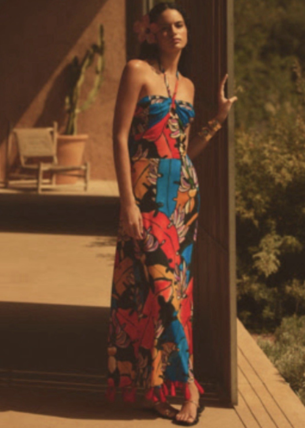 Anthropologie FARM Rio Halter Cover-Up Maxi Dress Black Motif NWT Size L