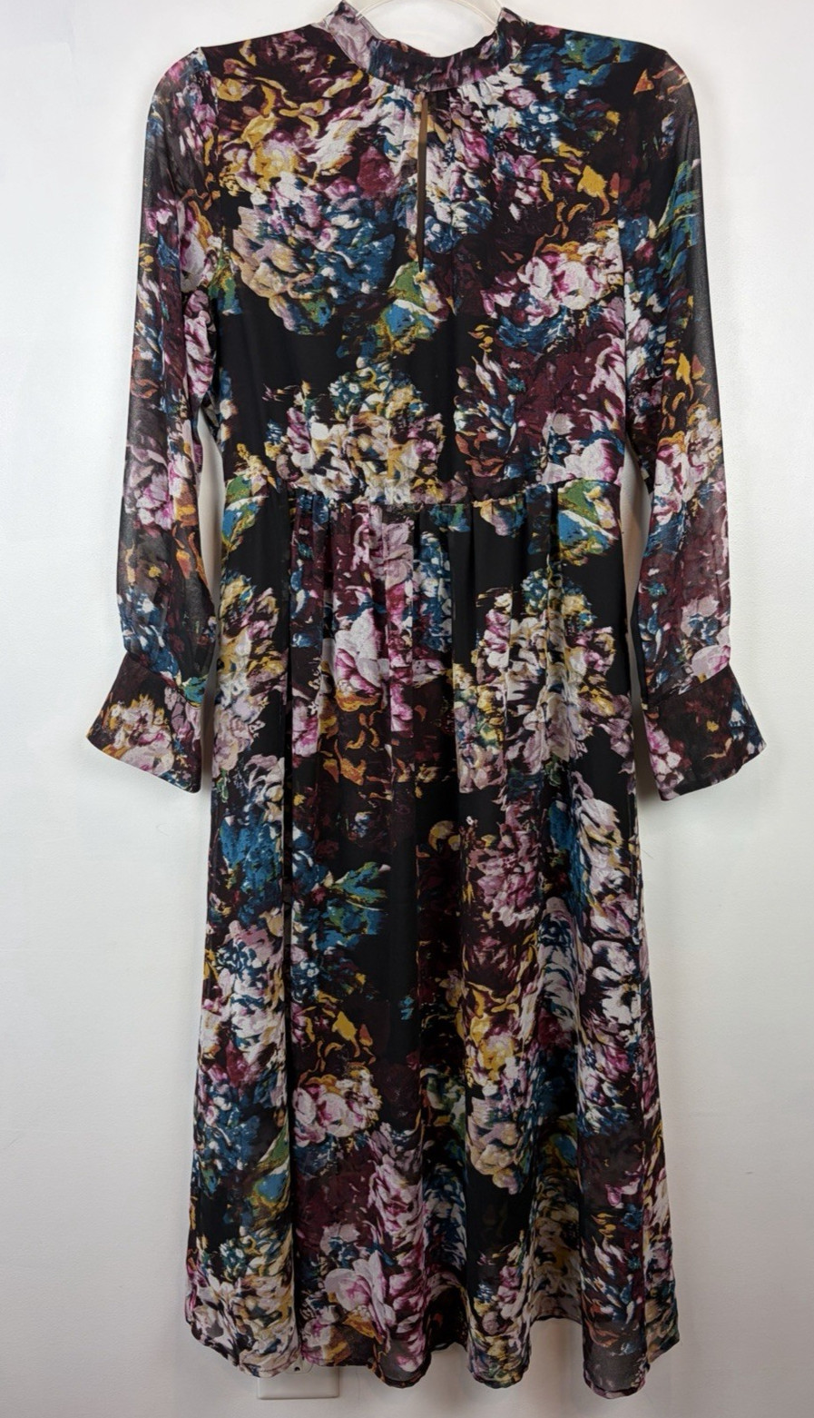 Fairy Midi Dress Womens Medium Black Keyhole Sheer Floral Grunge Dark Romantic