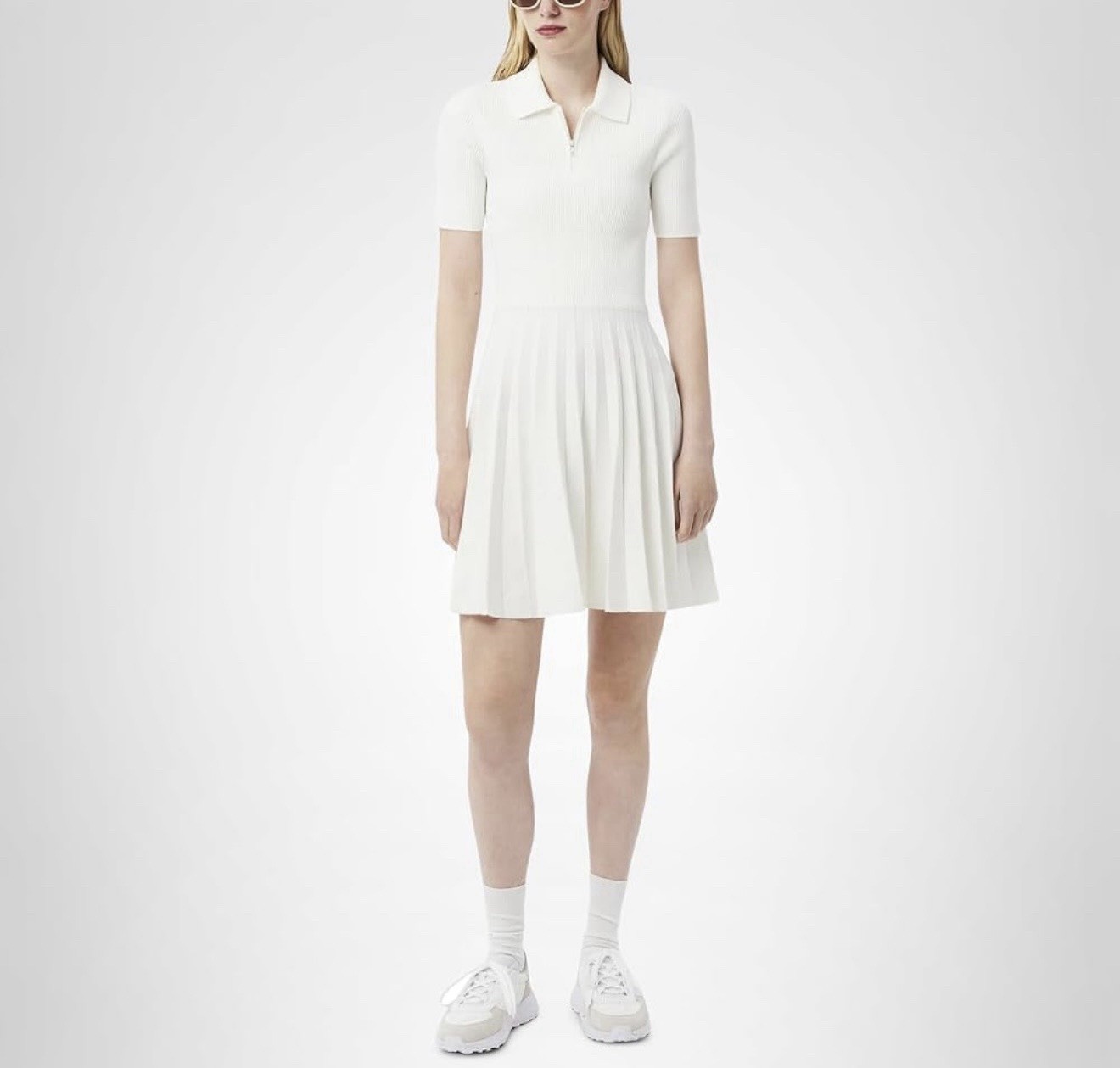 Lacoste White Ribbed Knit Collared Zip Front Pleated Dress Short Sleeve 34-2
