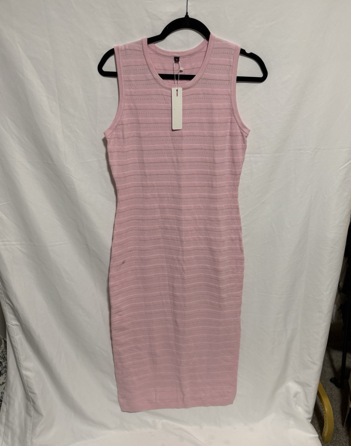 OUGES Pink Solid Knit Sheath Dress Sleeveless Round Neck Knee Length S